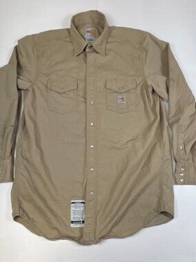 Carhartt Men XL Tall FR Flame Resistant Khaki Tan Twill Snap Button Work Shirt